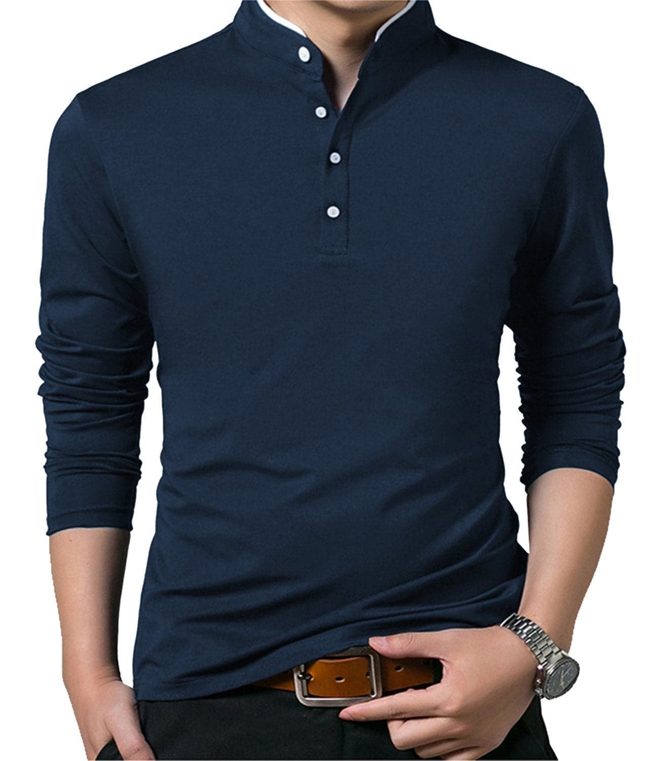 KUYIGO Men's Casual Slim Fit Shirts Long Sleeve Polo Mandarin Collared Lightweight T-Shirts Navy Small