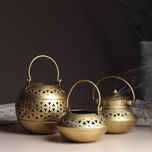 Habere India-All The Cultures Fabricating India Candle Holder for Home Decor | Diwali Decoration for Home | Tealight Holder | Metal Candle Stand (Set of 3: All 3 Sizes)