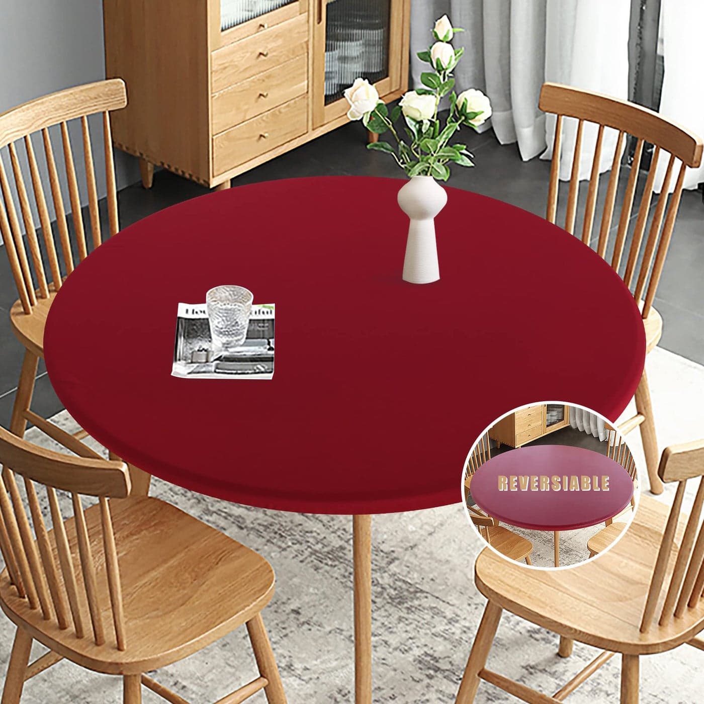 Obstal Fitted Round Red Table Cloth Reversible Waterproof Stain Resistant Elastic Stretch Tablecloth Wipe Clean Table Cover for OutdoorIndoor Use Fits Round Tables up to 32 36 Diameter