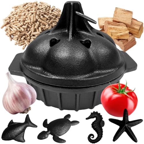 UKENEM Small Cast Iron Garlic Roaster with 4 Iron Fish PreSeasoned Smoker Roaster Garlic Cooker Garlic Roasting Pot Mini Cocotte Garlic Potato Baker Wood Chip Smoker Box for BBQ Meats Vegetables