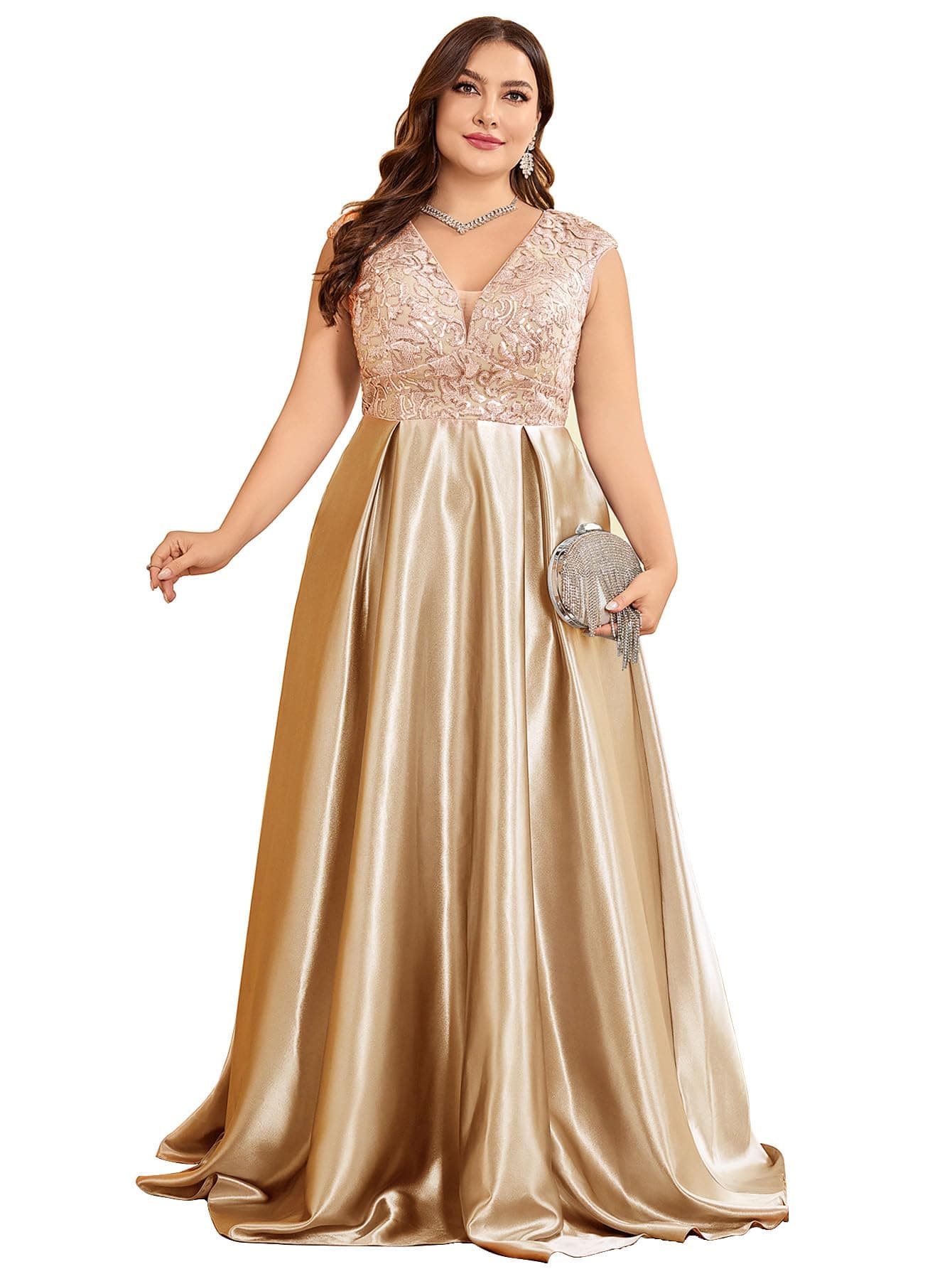 Plus Size Satin Mother of The Bride Formal Gown for Wedding Sleeveless V-Neck Evening Dress Champagne 12