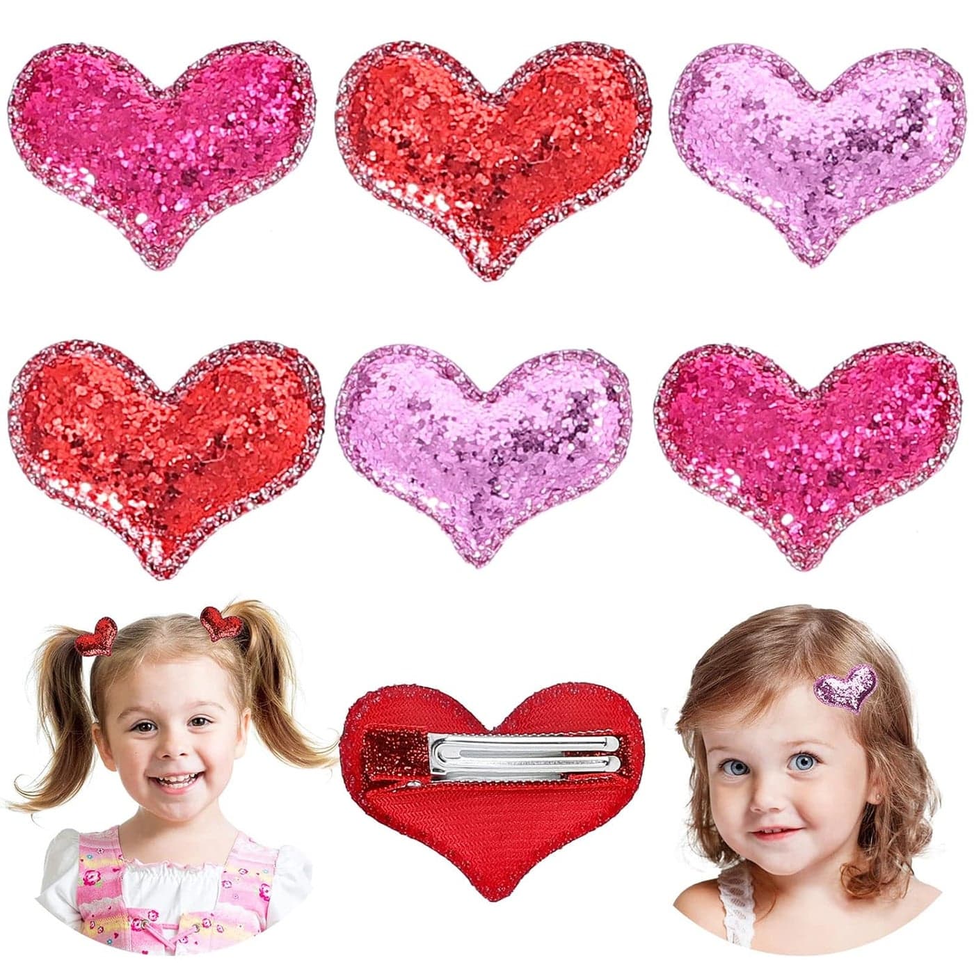 Whaline 12Pcs Valentine Glitter Sequin Heart Hairpins for Girls Sparkly Hair Grips Accessories Red Rose Red Pink for Girls Toddlers Teens Birthday Wedding Party