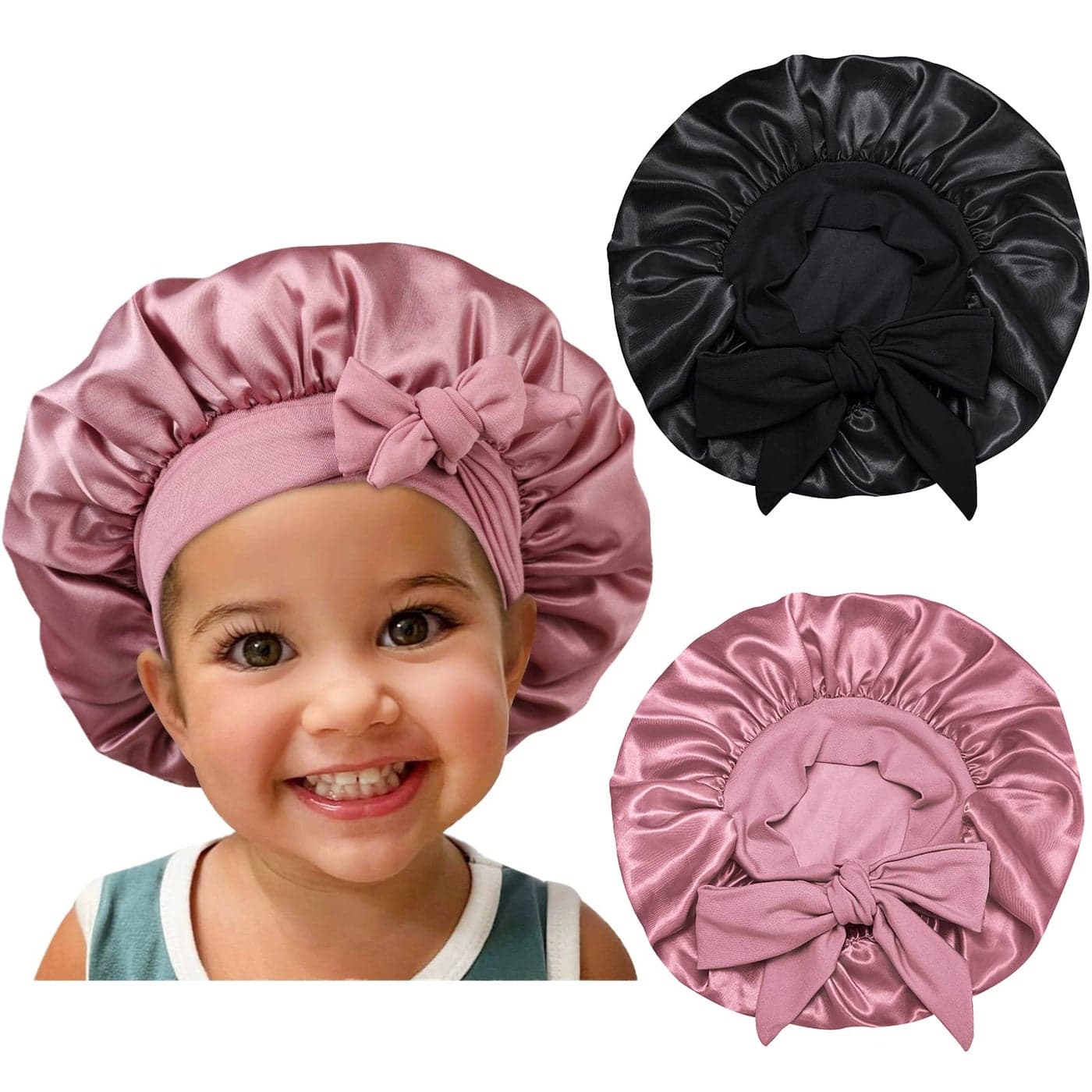 Satin Silk Bonnet Hair Cap 2pcs Bonnets For Kids with Elastic Tie Band Adjustable Straps for Sleeping Sleep Comfortable Stretchy Tie Band Hair Bonnets No SlipOff BlackRoseGoldK