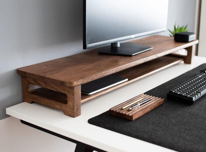 carpentray Store 80Cm Wooden Monitor Stand with Storage Organizer for Desk Tables Office Home Studio Study Table Desktop Monitor Stand Rise 80cm Long
