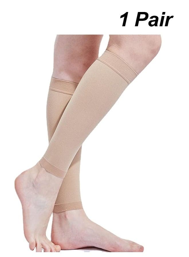 Calf Compression Sleeve for Men & Women, 1 Pair, Footless Compression Socks 20-30mmHg for Leg Support, Shin Splint, Pain Relief, Swelling, Varicose Veins, Maternity, Nursing, Travel (Beige L)