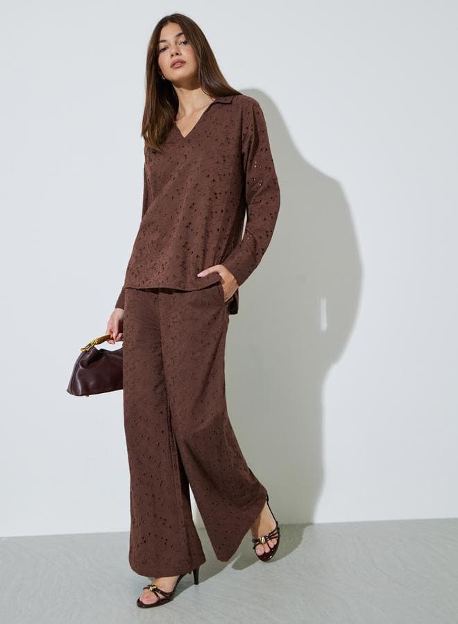 Brown Cotton Schiffli Top and Pants Set