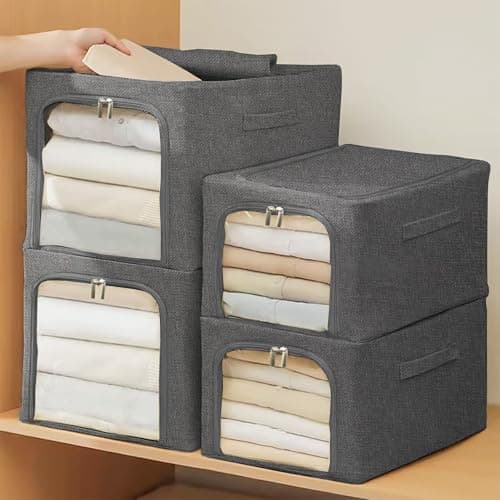 Yellow Weaves 2 Pcs Clothes Organizer for Wardrobe, Foldable, Stackable, Space Saver Closet Basket, Cupboard Almirah Organizer, Storage Box for Clothes (Grey, Large)