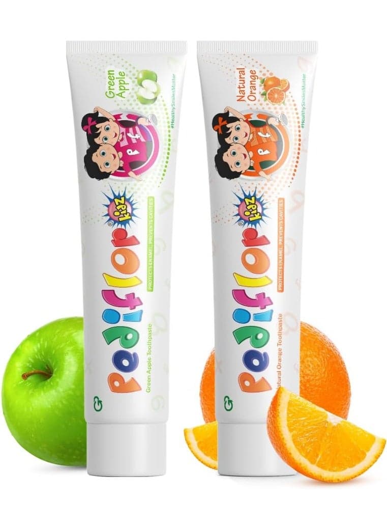 PediflorKidz Anticavity Fluoride Green Apple and Orange Flavor Toothpaste for Children | 70g x 2 Pack | Family Combo Pack | Vegan Friendly