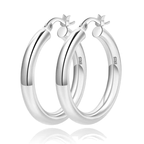 OOOPEL 4mm Thick Gold Chunky Earrings Steling Silver Post Hoops For Women Hollow Tube Hoop Hypoallergenic Lightweight Large 20/30/40/50/60MM, Sterling Silver, No Gemstone, Silver,30mm