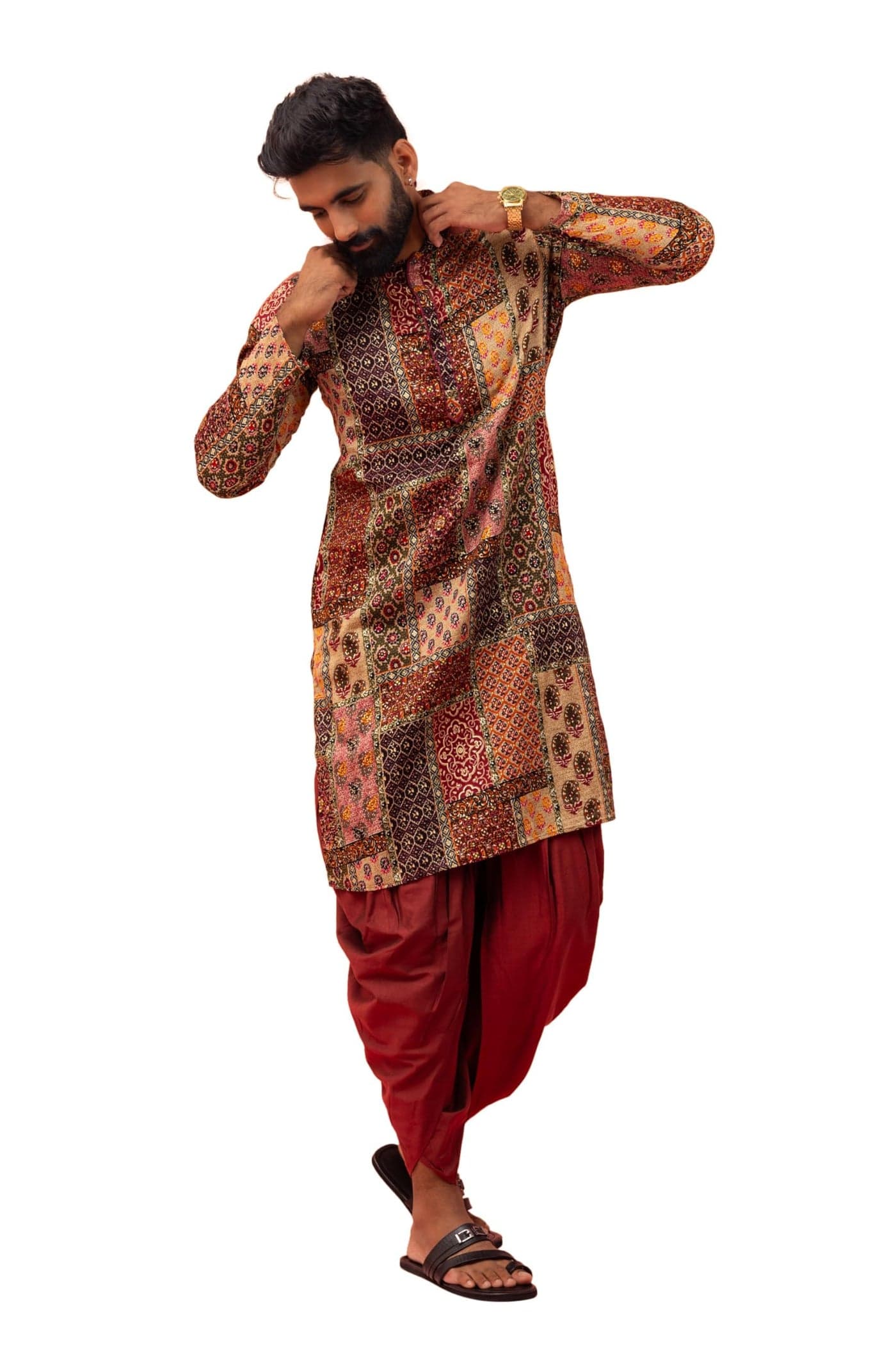 KISAH Men's Regular Fit Printed Cotton Blend Multi Kurta Dhoti Pants Set Multicolour-40