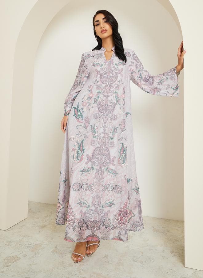 Women Paisley Print Jalabiya with Rhinestone Embellishment