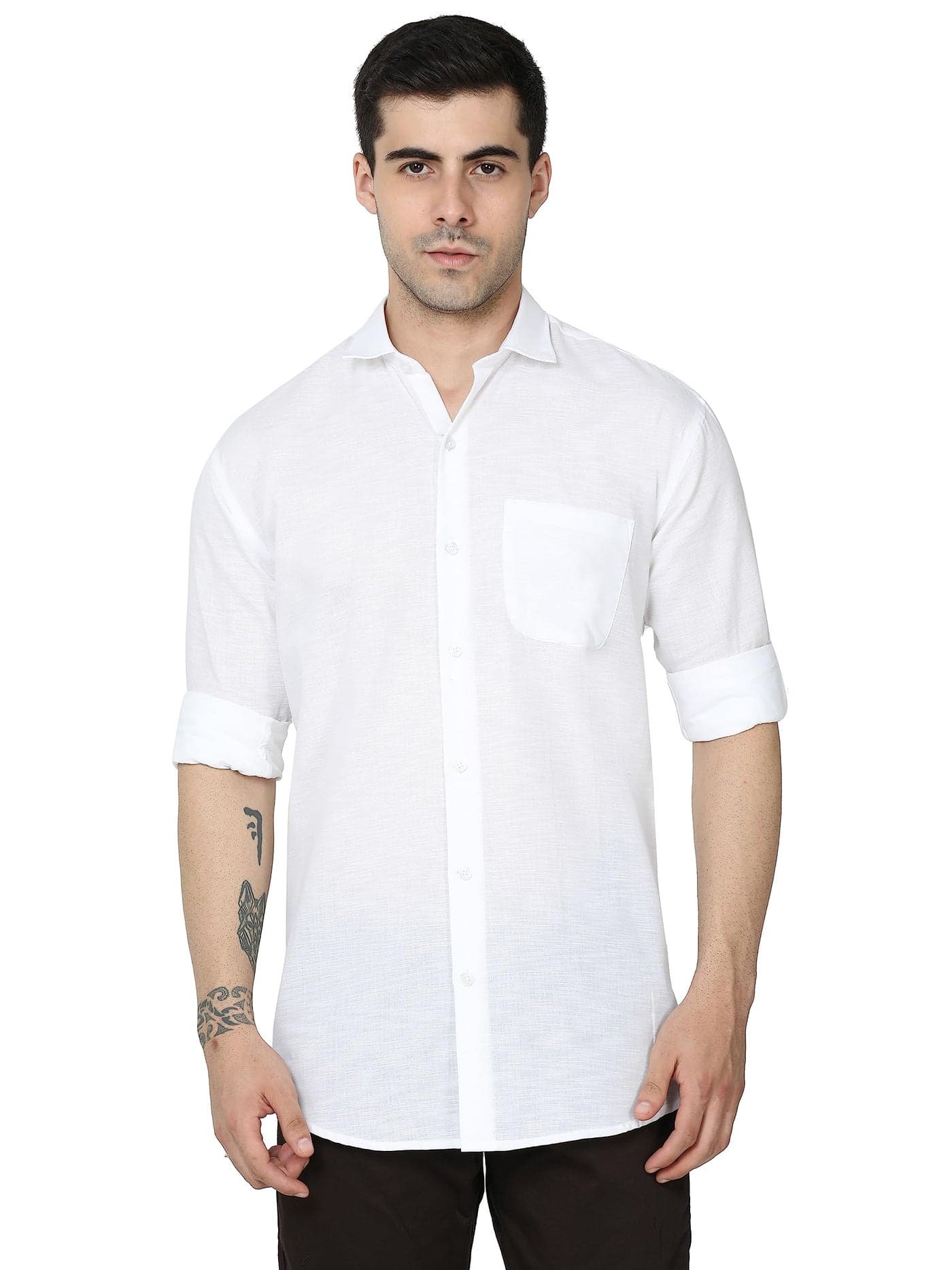 Miraan Men's Linen Cotton Long Sleeve Casual Slim Fit Shirt (Siglinenwhitel_White_Large)