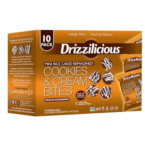 Drizzilicious Mini Rice Cakes Cookies & Cream - Rice Crisps, Healthy Snack for Adults and Kids, Flavored Rice Cakes, Vegan, Gluten Free, Allergen Free, Only 90 Calories Per Bag - 0.74 oz (Pack of 10)