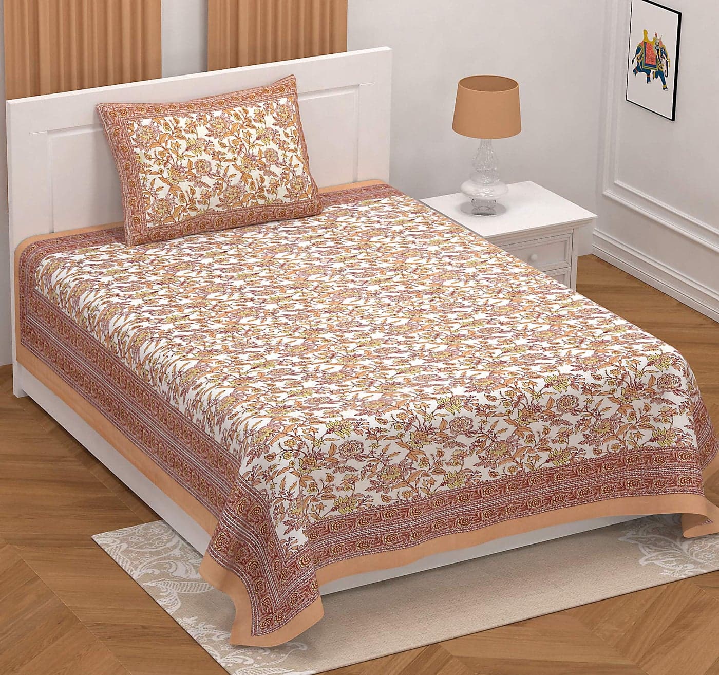 EasyGoods® Cotton Bedsheet for Single Bedsheet with 1 Pillow Cover 60x90 Inch, Handcrafted Bed Sheets (Orange)