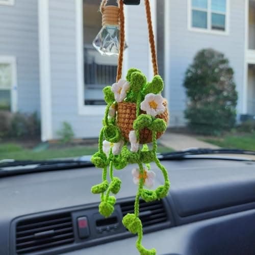 Car Mirror Hanging Accessories , Car Rearview Mirror Decor,Cute Crochet Orchid Hanging Ornament for Women, Pendant Plant for Gift-Handmade Knitted(White Flowers)