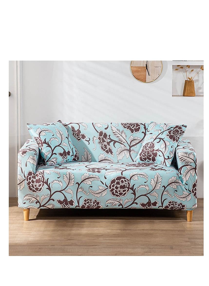 2-Seater Exquisitely Floarl Designed Wrinkle-free Anti-slip 360-degree Full Coverage Sofa Slipcover Beige/Blue Length Stretch From 145 To 185cm