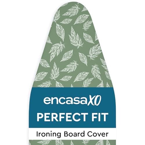 Encasa XO Ironing Board Cover and Pad 49"x18" Standard Size - Thick 3mm Felt Padded Iron Board Cover with Padding, Scorch & Stain Resistant Cotton, Heavy Duty Drawstring, Snug Fit - Big Leaves Green