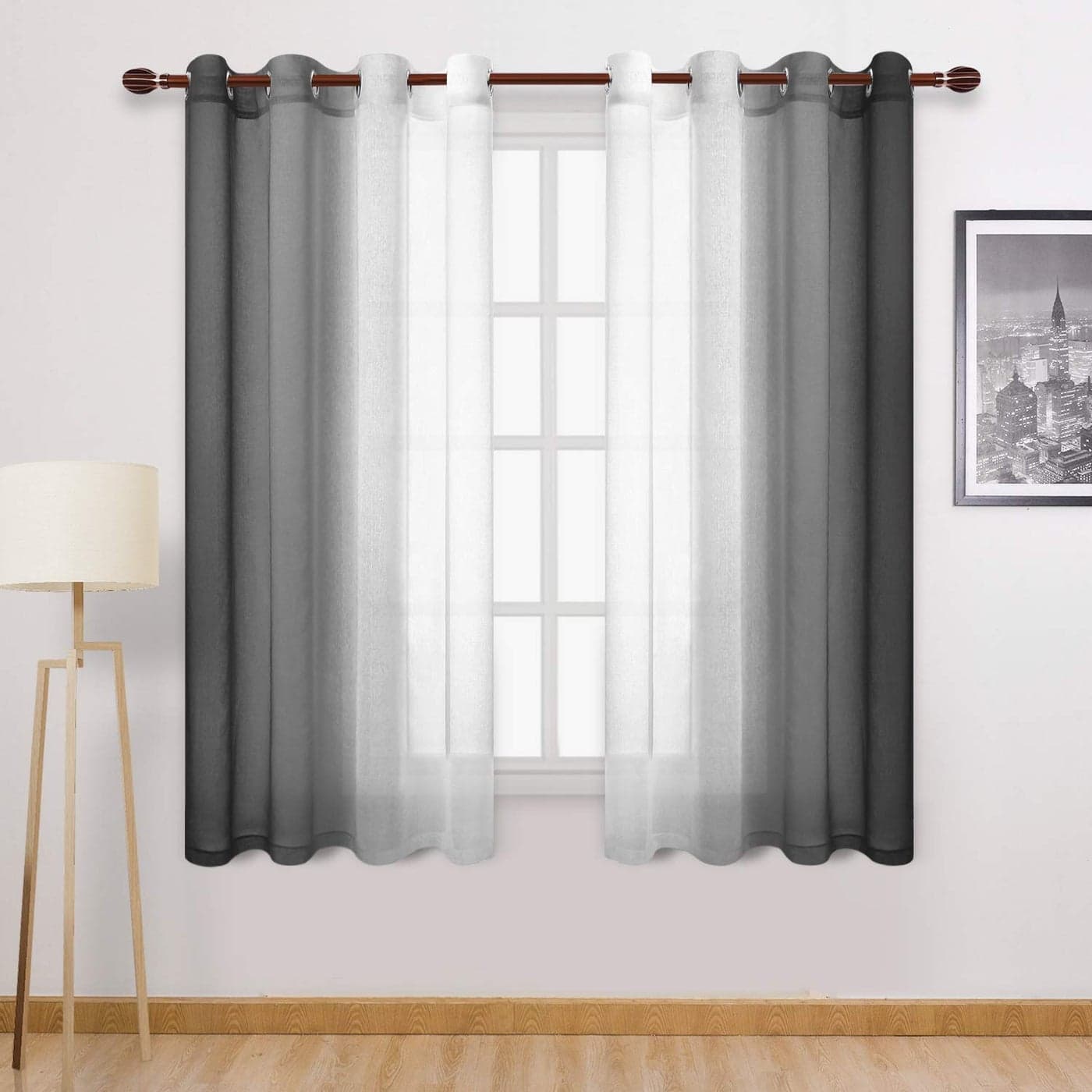 DWCN Black Ombre Sheer Curtains Faux Linen Gradient Semi Voile Grommet Top Bedroom and Living Room Curtains Set of 2 Window Curtain Panels 52 x 63 Inch Length Black