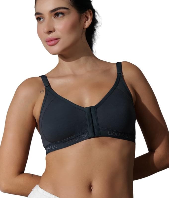 BODYSIZE Cotton Front Open Bra for Women Daily Use | Non-Padded, Non-Wired | Sweat Absorbent Seamless Bra | Full Coverage Regular Wear | Twin Hook Adjuster (Cup Size: B) Black
