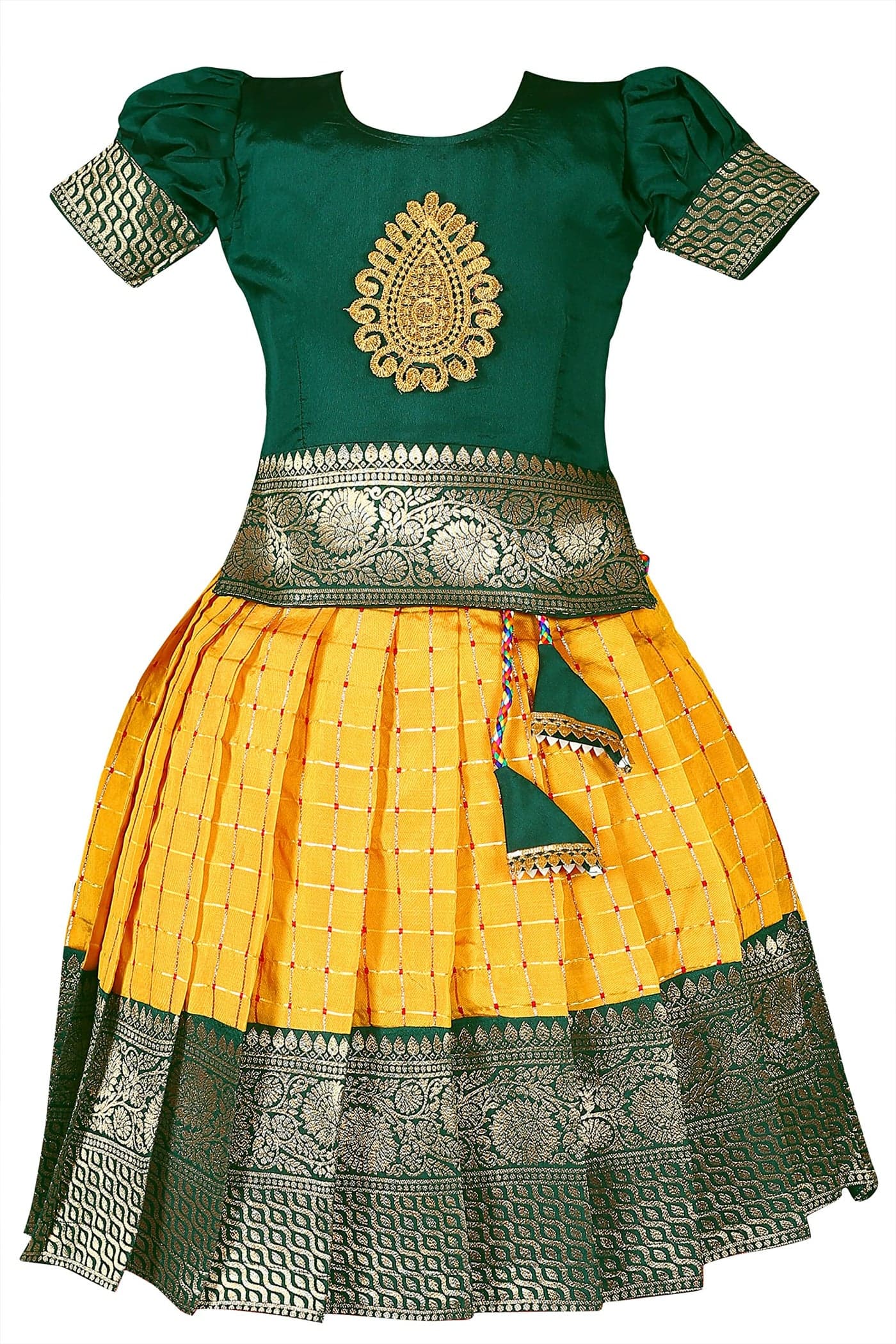 PW PLATYPUS WORLD Readymade New South Indian Traditional Pattu Pavadai Tapeta Silk Lehenga Choli For Girls Dress (1-2 Years Years, Green Yellow)