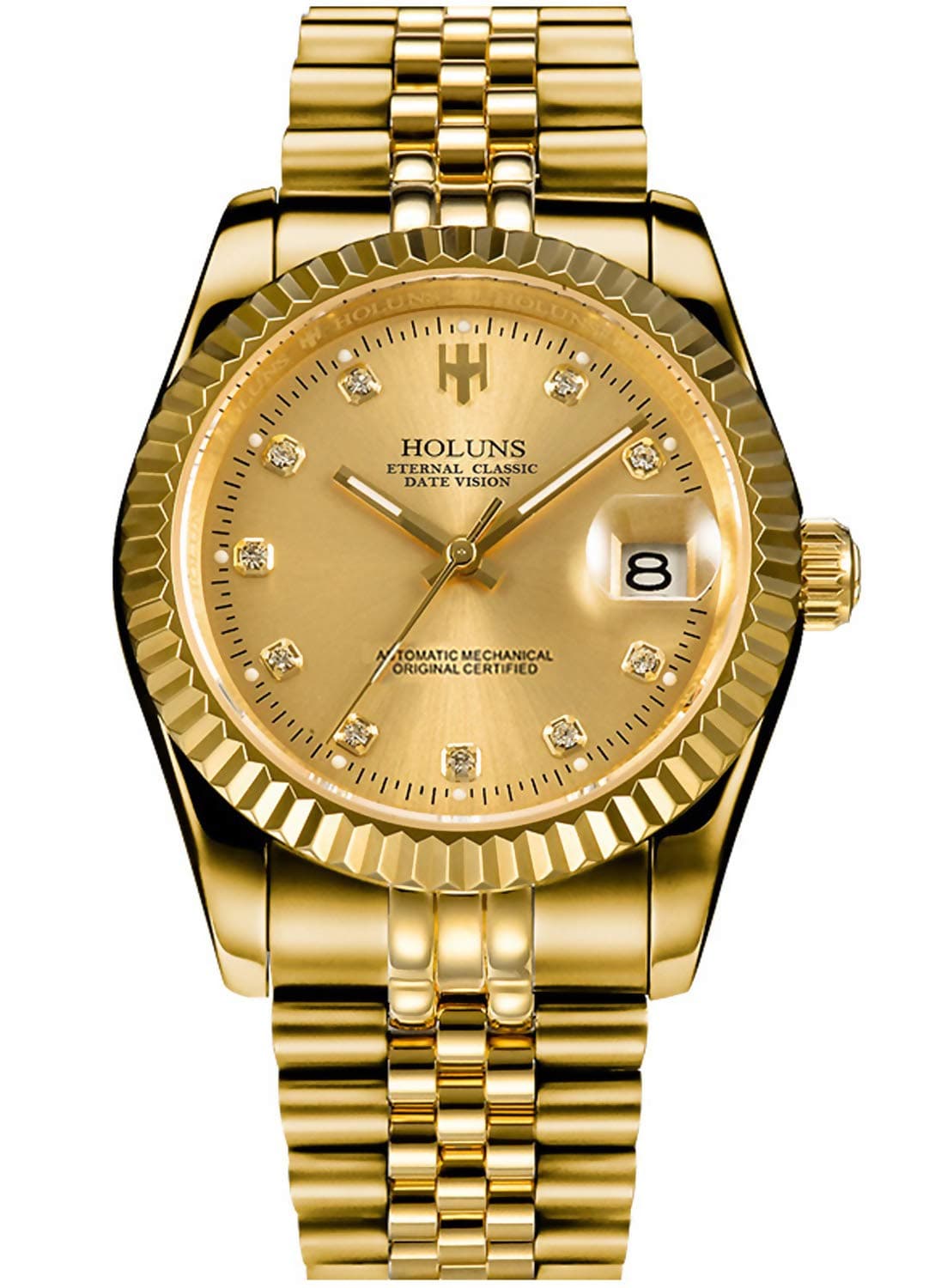 Mens Full Gold Watch Automatic Mechanical Gilded Steel Self-Wind Sapphire Glass Dress Waterproof Watch (Gold)