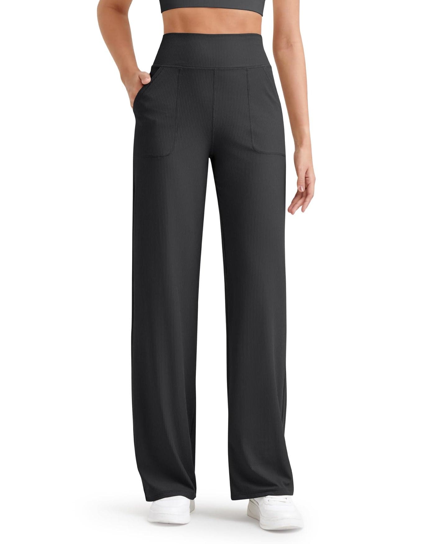 G4Free Ribbed Wide Leg Pants for Women Lightweight Yoga Pants with Pockets Straight Leg Casual Lounge Pants(Black,L,30")
