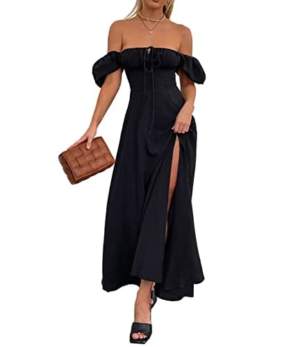 KUTUMAI Women's Summer Off Shoulder Maxi Dress Puff Sleeve A Line Flowy Ruffle Swing Split Long Dresses Black M