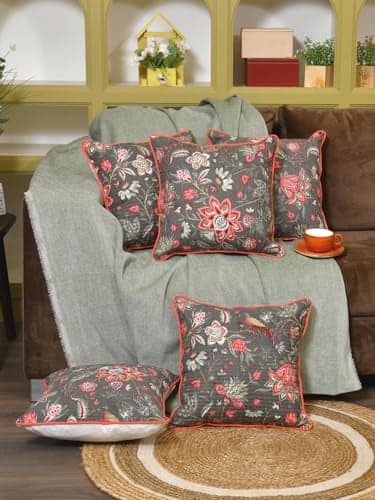 Clasiko Cotton 300 TC Cushion Covers Set of 5; 16X16 Inches; Pink Flowers