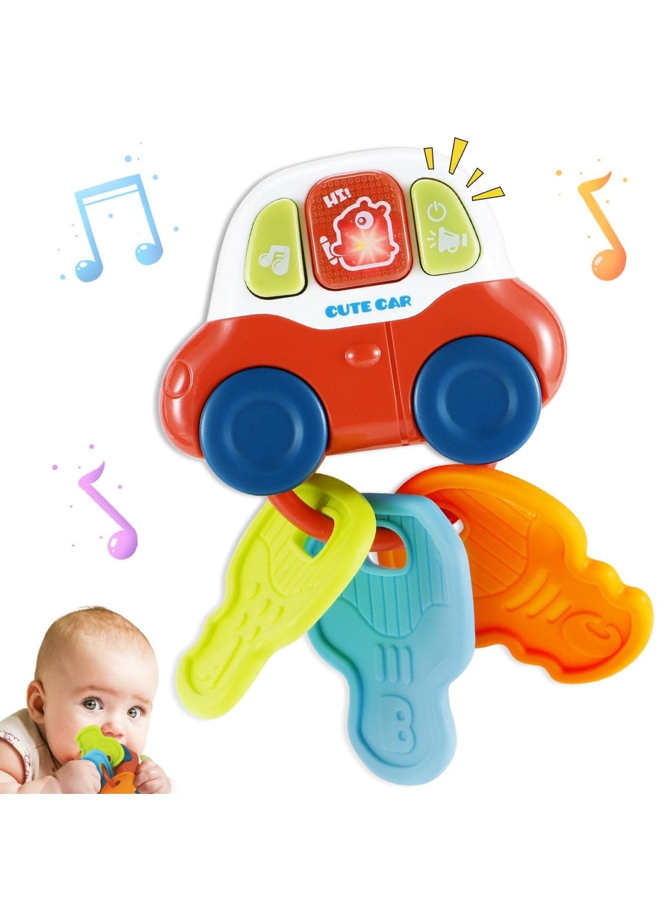 Baby Sensory Teething Toys, Toddler Sensory Learning Car Key Teether Toy with Music & Light, Silicone Teethers for Babies Rattling Teething Relief, Musical Baby Toys 0-18 Months for Travel, BPA Free