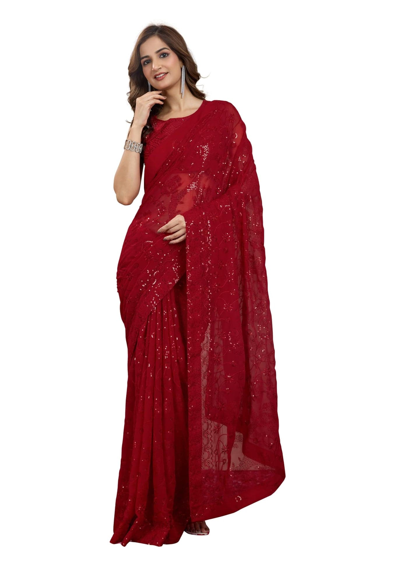 TRENDMALLS Women's Georgette Embroidery Sequence Saree with Unstitched Blouse Piece (K1006-Red-)
