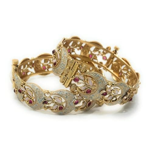 Duel On Jewel Indian Pakistani Traditional Openable Bangles Set for Women, Red and White Zircon with Leaf Motif Detailing, Gold-Plated, 0.75-Inch Width, Medium Size 2-6, Bridal Party, Ethnic Red White