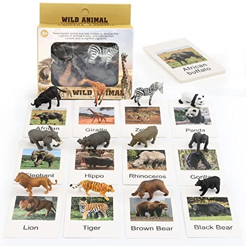 Small Montessori Animal Figures with Flash Cards Realistic Animal Figurines Toys Montessori Materials Homeschool Preschool Science Educational Matching Game for Toddler Kids Zoo