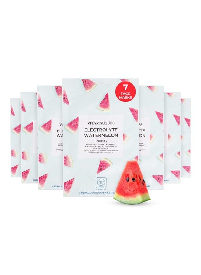 Electrolyte Watermelon Face Sheet Mask, 7 Pack, Boosts Skin Elasticity, Hydrating, Moisturizing, Plant-Based, Vegan-friendly
