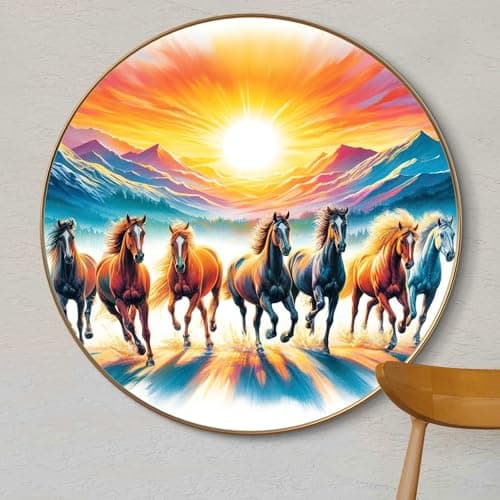 Livin'luxe painting Vibrant Wild Horses Wall Art | Sunrise Gallop Sparkle lamination Print | 23 inch x 23 inch Round Sunset Decor