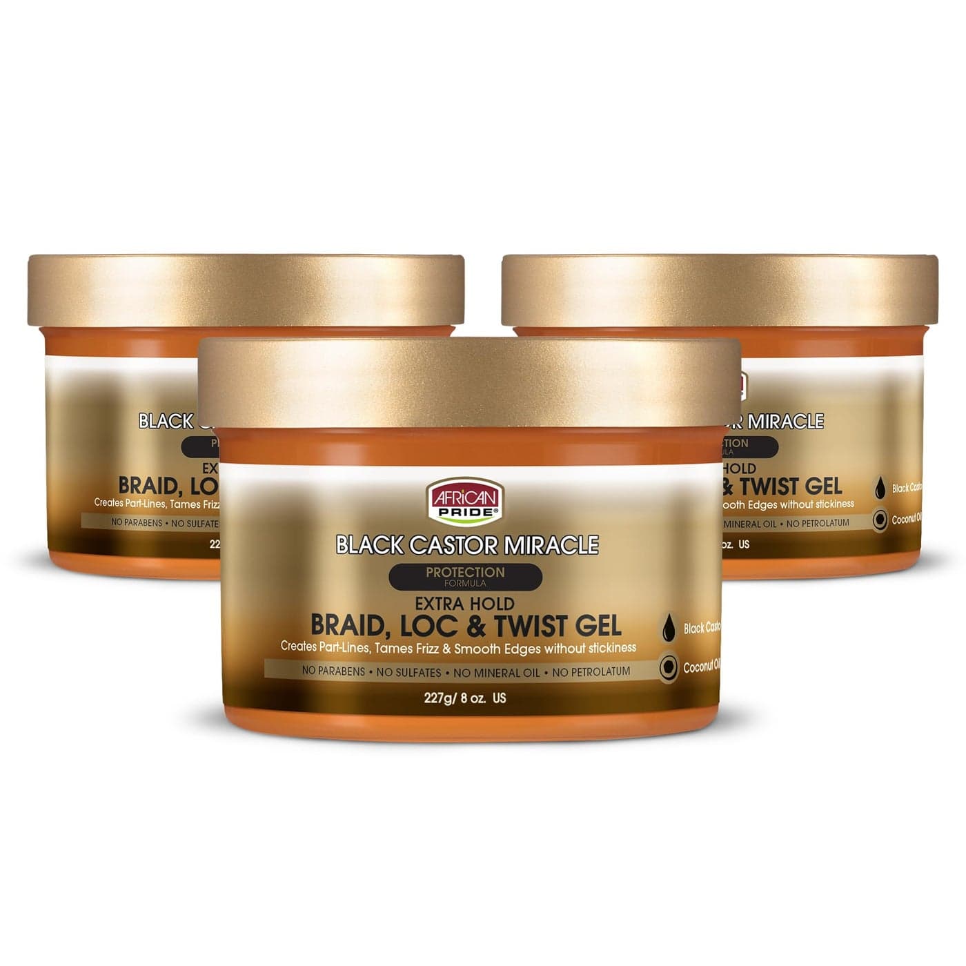 African Pride Black Castor Miracle Extra Hold Braid Loc Twist Gel Extreme Hold Braiding Hair Gel Edge Control Tames Frizz No Flake Pack of 3 Natural Ingredients Coconut Oil 8oz