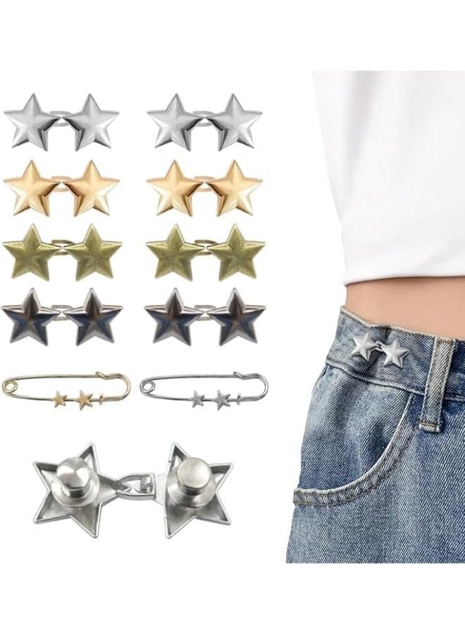 10 Set Pant Waist Tightener Star Buttons Pins for Loose Jeans Reusable Waist Cincher Clip Metal Star Brooch for Clothing Dresses Skirts No Sewing Decoration Accessories