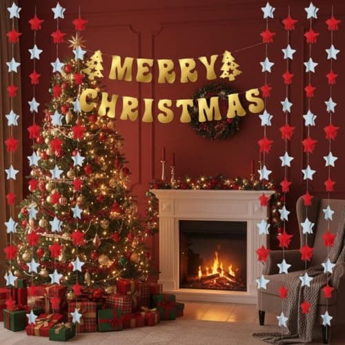 GRAND SHOP Golden Merry Christmas Banner with Red & White 3D Star Frill Set of 9 Pcs | Premium Paper Hanging Decoration | Festive Garland for Xmas Party, Home, Office, Shop Décor Items