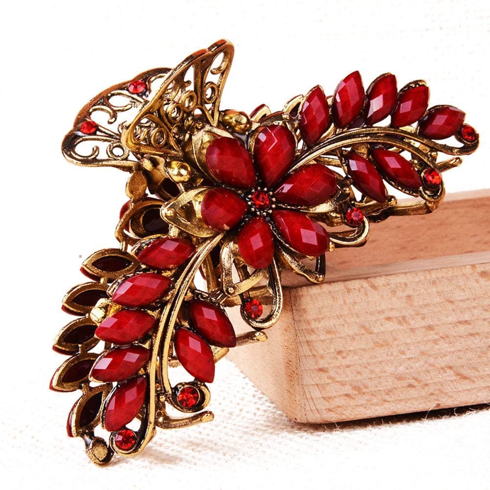 Suoirblss Large Metal Rhinestone Alloy Hair Claw Jaw Clip Retro Flowers Hair Clip Fancy Hair Barrette Clamp for Women Thick Hair Red