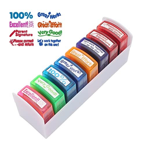 Teacher Stamp Set Colorful Encouraging Comments Self-Inking School Classroom Homework Grading Stamp Set with Storage Tray(8-Piece)