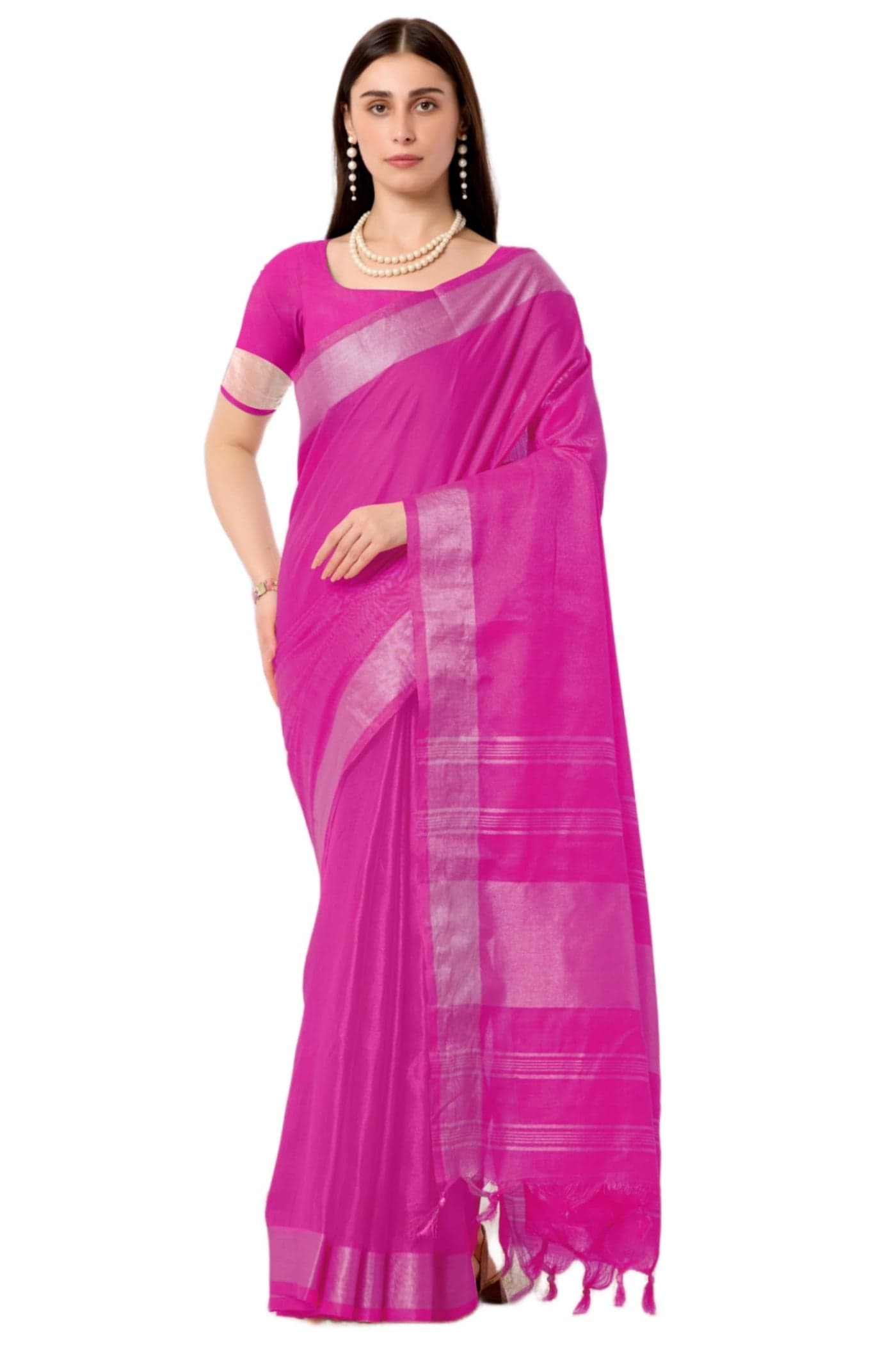 Sidhidata Women's Cotton Blend Saree With Tassels & Unstitched Blouse Piece (Double Line_Free Size) (Rani)