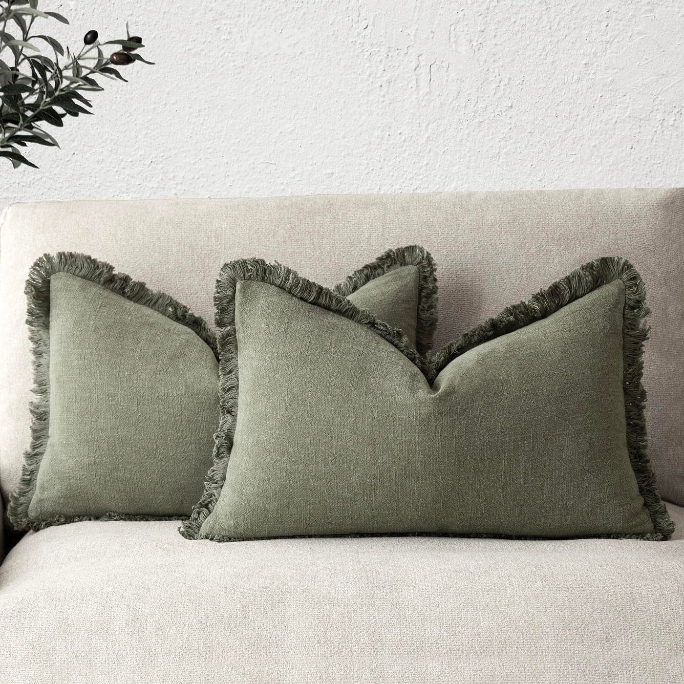 Foindtower Set of 2 Decorative Linen Fringe Lumbar Throw Pillow Covers Boho Farmhouse Cushion Cover with Tassels Soft Accent Pillowcase for Couch Sofa Bed Living Room Home Decor1220 InchOlive Green