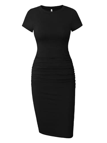 Missufe Women's Ruched Casual Sundress Knee Length Bodycon Sheath Dress (Black, X-Small)