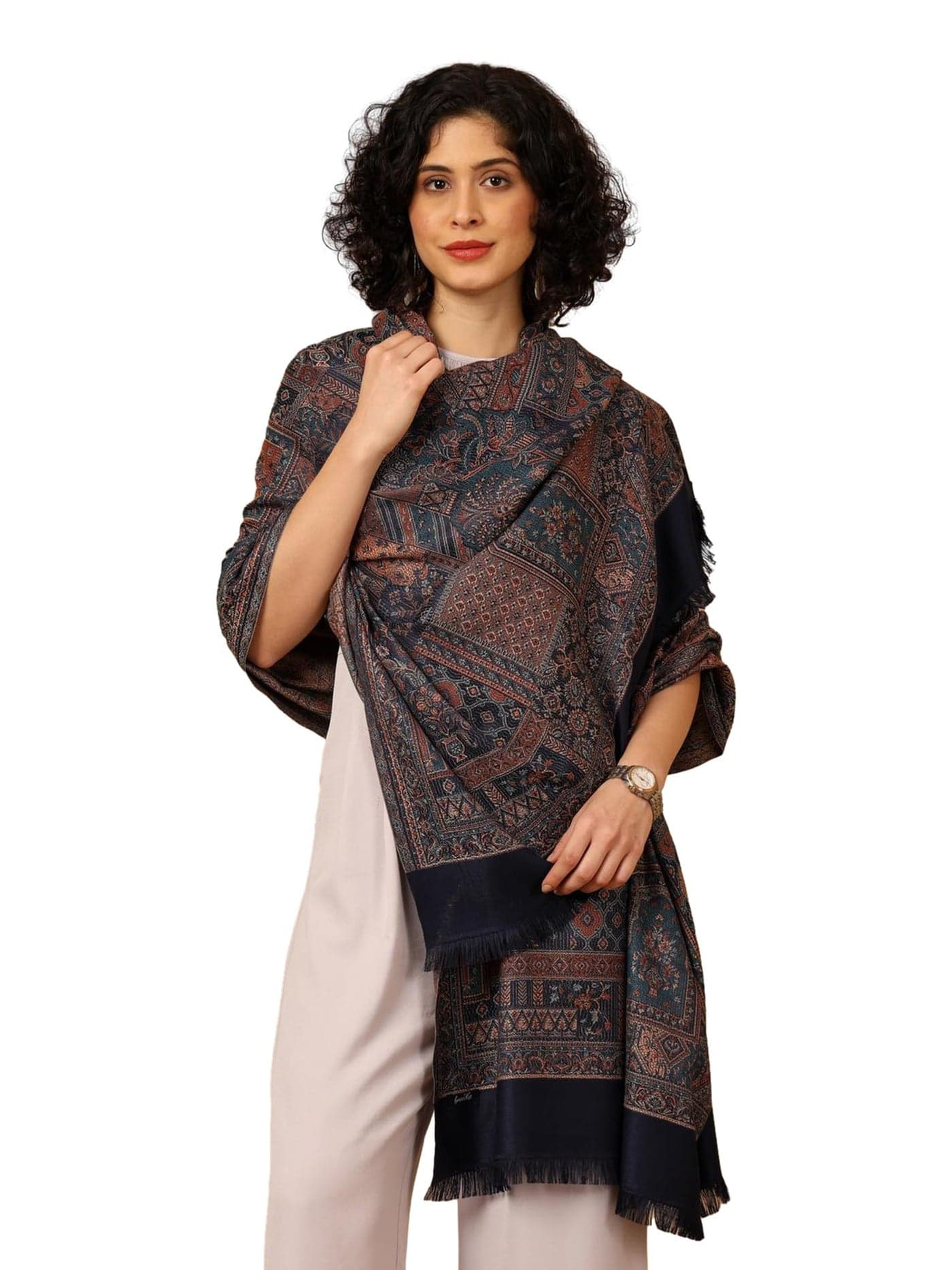 tweedle Women’s Blue Jamawar Shawl, Faux Pashmina, Contemporary Patterns with Ethnic Appeal – Size 40 x 80 inches