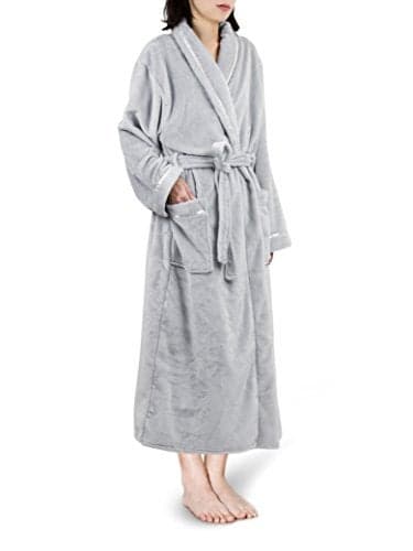 PAVILIA Robes For Women Fleece Soft Fluffy Bathrobe Plush Cozy Long Spa Robe Satin Trim SM Light Grey