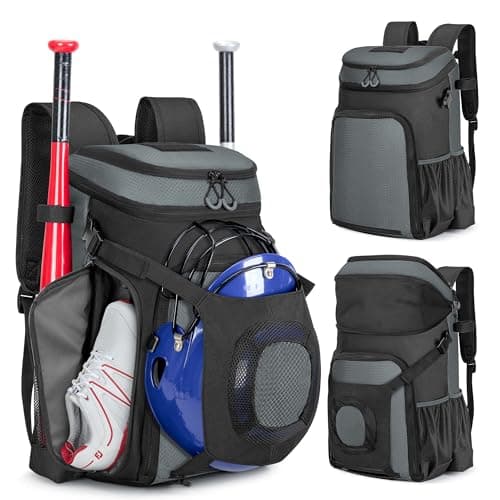 Smasrob Baseball Bag for Adult and Youth, Baseball Backpack Softball Bag with Helmet Holder, Shoe Compartment and Fence Hook, Gray