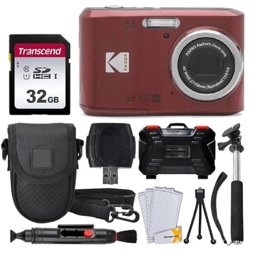 Kodak PIXPRO FZ45 Digital Camera + 32GB Memory Card + Point and Shoot Camera Case + Extendable Monopod + Lens Cleaning Pen + LCD Screen Protectors + Table Top Tripod Ultimate Bundle (Red)