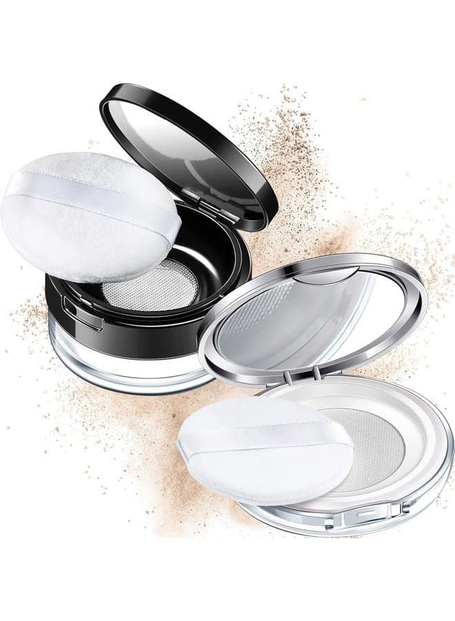 2 Pcs Loose Powder Container with Puff 0.17/0.7 oz Reusable Plastic Empty Case Portable DIY Makeup Powder Container Compact Case with Mirror and Net Sifter(Silver, Black)