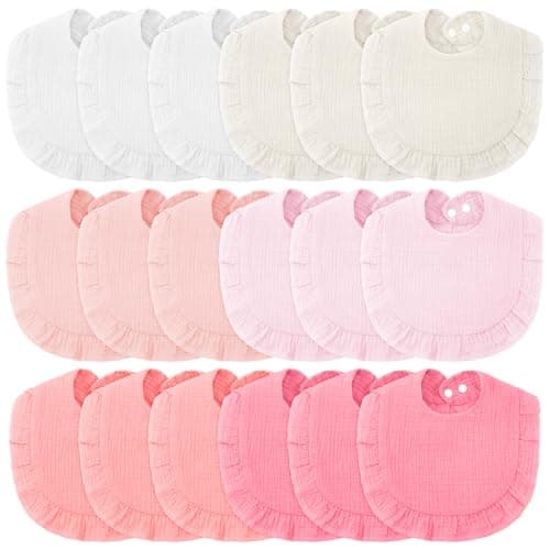 Kenning 18 Pcs Muslin Drool Baby Bibs Ruffle Absorbent Bib with Snap Button Boy Girl for Drooling Teething Infant Newborn(Warm Pink,Sweet)