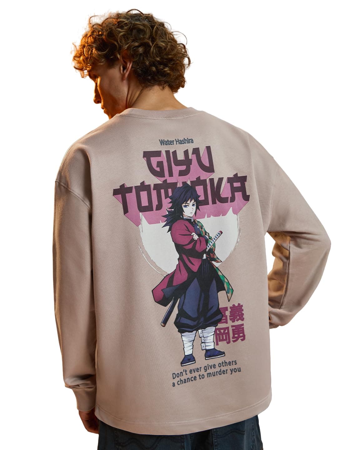 The Souled Store Demon Slayer: Giyu Men and Boys Round Neck Beige Graphic Printed Cotton Lightweight All-Season Full Sleeves Oversized T-Shirt