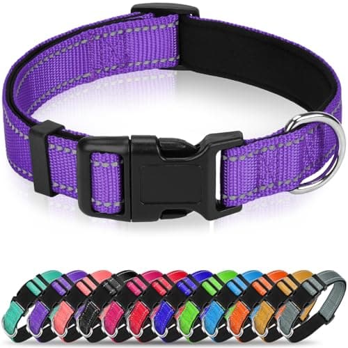 Erbine Purple Dog Collar for Large Dogs, Reflective Wide Nylon Adjustable Collar with Soft Padding, Durable Buckle for Pitbull Labrador Retriever,Purple,L
